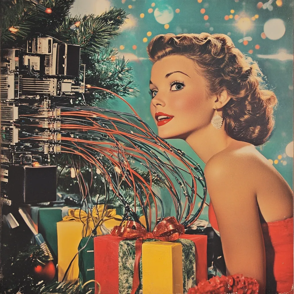 A glamorous 1950s woman with a stylish updo gazes in wonder at a Christmas tree adorned with an array of colorful wires emanating from a complex electronic device.  Presents are nestled beneath, creating a surreal juxtaposition of vintage beauty and futuristic technology in a festive holiday setting. The image evokes a sense of anticipation and technological marvel during the Christmas season.