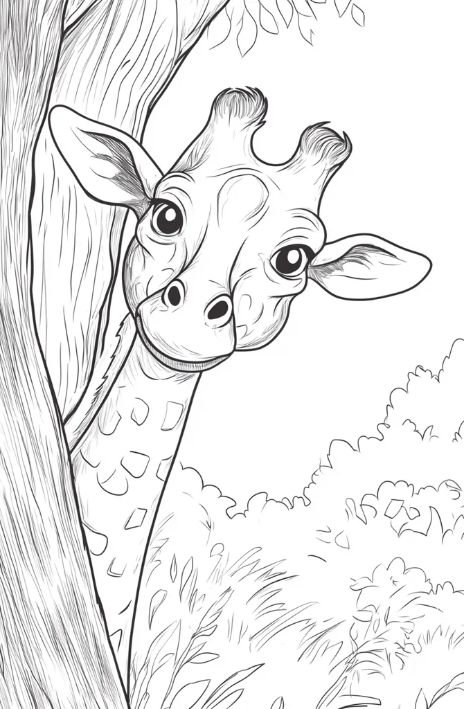 A line drawing of a giraffe's head and neck peeking from behind a tree.  The giraffe has large, expressive eyes and a gentle expression.  The background features detailed foliage, suggesting a savanna setting. The style is reminiscent of a coloring book page, with clean lines and subtle shading. The giraffe appears curious and friendly.