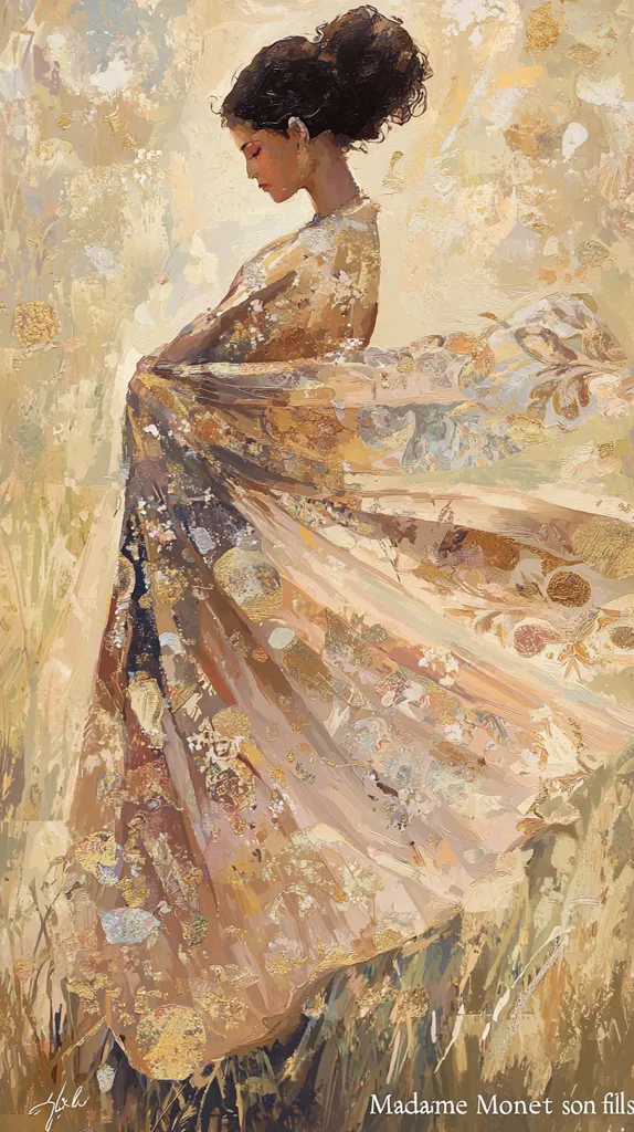 A painting titled "Madame Monet son fils" depicts a woman in a flowing, patterned gown.  The style is impressionistic, with loose brushstrokes and a muted palette of golds, browns, and creams. The woman is positioned in profile, her head slightly bowed, suggesting a contemplative mood. The background is a hazy, indistinct landscape, enhancing the ethereal quality of the subject.  The overall effect is one of serene beauty and nostalgic sentiment.