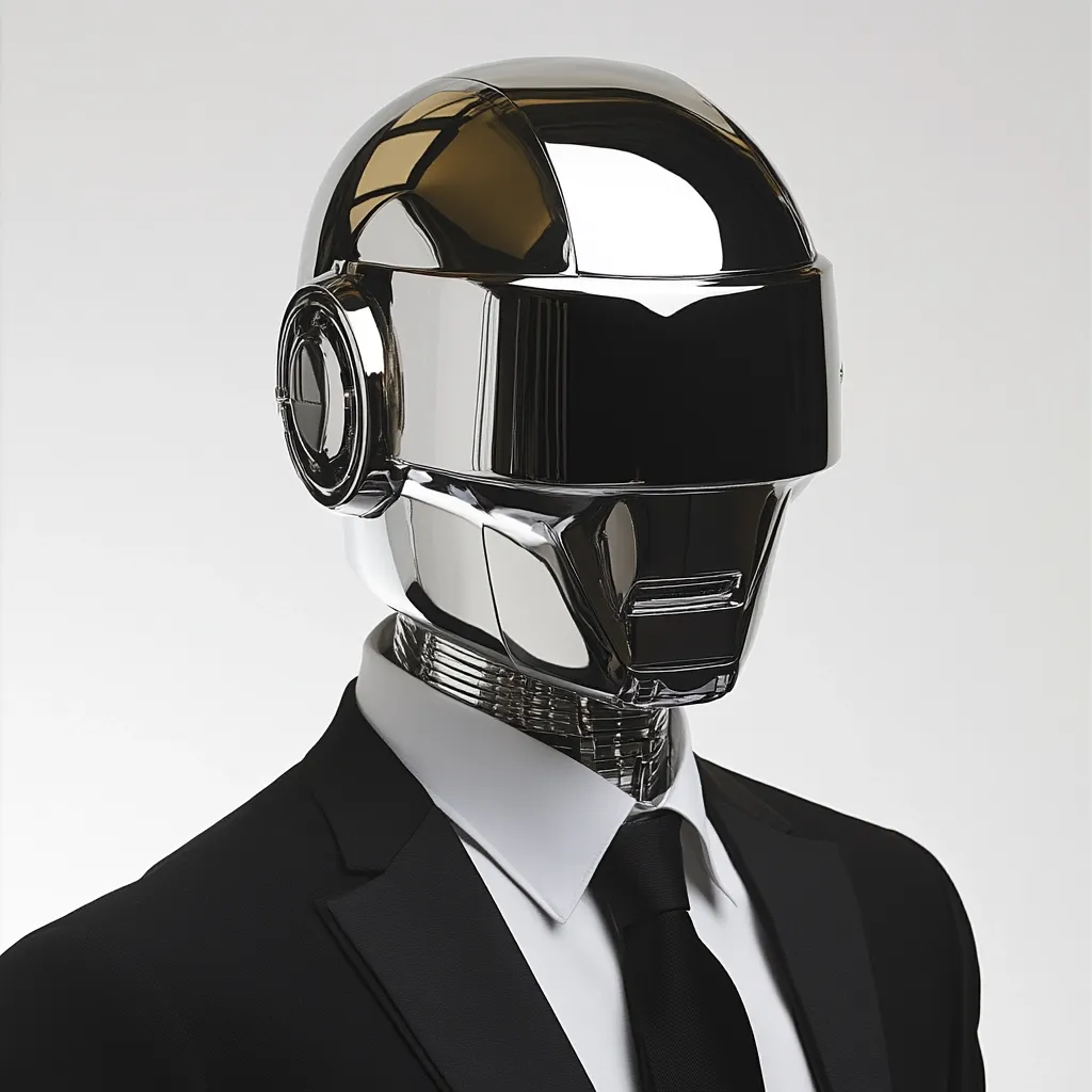 A chrome robot head, reminiscent of Daft Punk's iconic helmets, is depicted wearing a sharp black suit and white collared shirt. The highly polished metallic surface reflects light intensely.  The robot's face is partially obscured by a visor, creating a mysterious and futuristic aesthetic. The image is set against a plain white background, emphasizing the robot's sleek design.