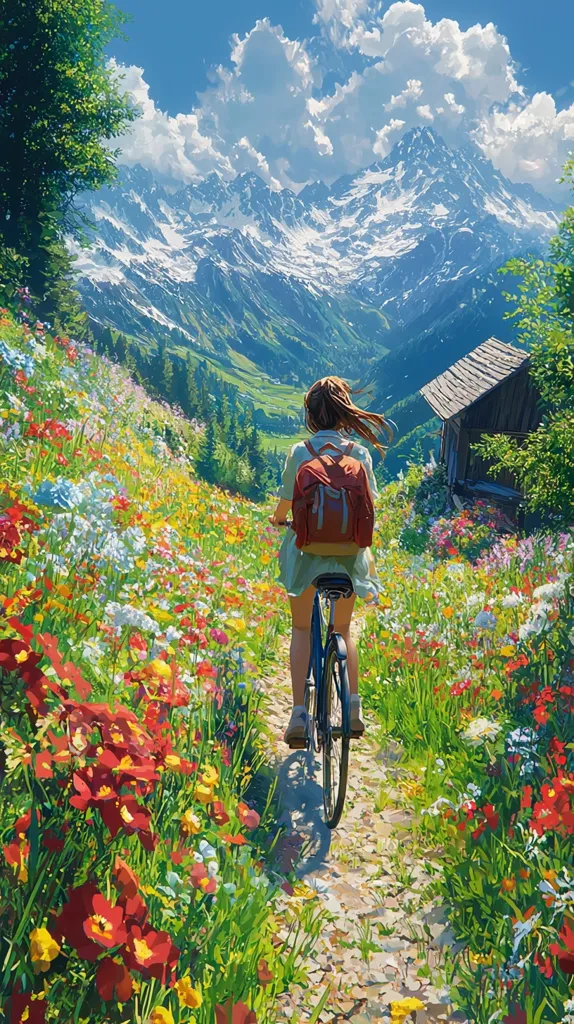 A young woman with a backpack cycles along a flower-lined path. Vibrant wildflowers in reds, yellows, and blues blanket the hillside, leading towards a rustic wooden cabin nestled in the valley below.  Towering snow-capped mountains form a majestic backdrop under a bright, sunny sky. The scene evokes a sense of peaceful adventure and breathtaking natural beauty.
