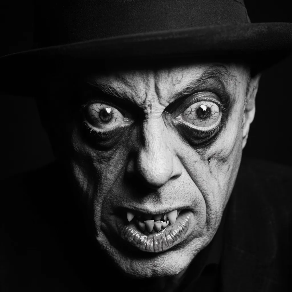 A black and white close-up portrait of a man in a fedora, his face bearing a grotesque, monstrous expression.  His eyes are wide and bulging, his mouth is open in a feral snarl revealing sharp teeth.  Dark makeup accentuates the wrinkles and shadows on his face, creating a frightening, almost undead appearance. The image is stark and dramatic, evoking a sense of horror.
