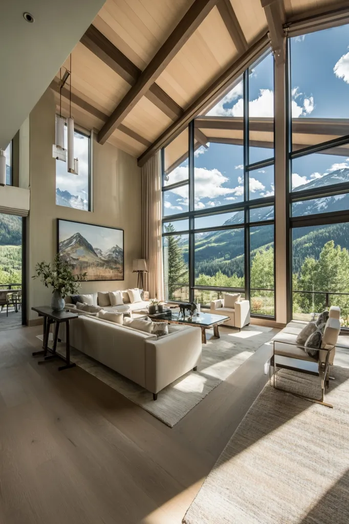 A spacious, modern living room boasts floor-to-ceiling windows showcasing breathtaking mountain views.  Natural light floods the room, illuminating a neutral-toned color palette.  The high, beamed ceiling and expansive windows create a sense of airy grandeur.  Comfortable beige sofas and armchairs are arranged around a low coffee table, completing the sophisticated, yet relaxed atmosphere.  A large landscape painting adds a touch of artistry.