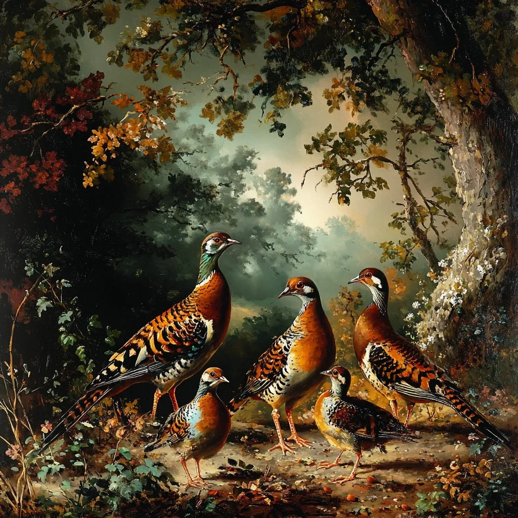 A captivating oil painting showcases five vividly colored birds, likely pheasants, nestled within a lush forest setting.  The birds, rendered with meticulous detail, exhibit a rich palette of browns, oranges, and greens.  The background depicts a moody, autumnal woodland with muted greens and browns, creating a dramatic contrast against the vibrant plumage of the birds. The overall effect is one of serene beauty and masterful artistic skill.