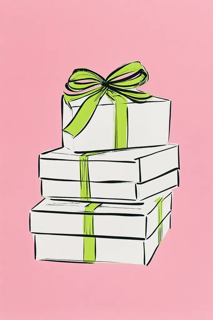 A stack of three white gift boxes adorned with bright lime green ribbons sits against a soft pink background.  The top box is tied with a large, prominent bow. The illustration style is simple and bold, with black outlines and a slightly sketchy feel. The overall impression is one of cheerful gifting and celebration.