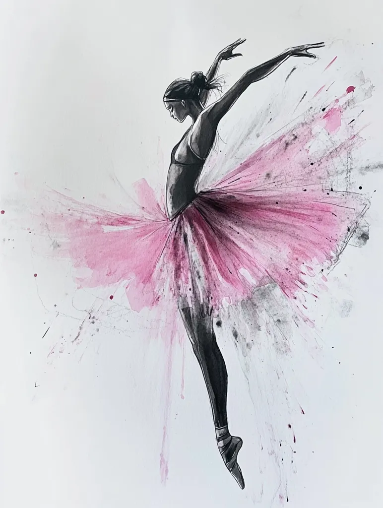 A ballerina in a pink tutu is depicted in a dynamic leap.  The artwork uses a mix of black ink linework for the figure and a watercolor wash for the tutu, creating a splash effect.  The ballerina's pose is graceful and energetic, conveying a sense of movement and freedom.  The background is a simple white, emphasizing the ballerina and her vibrant tutu.