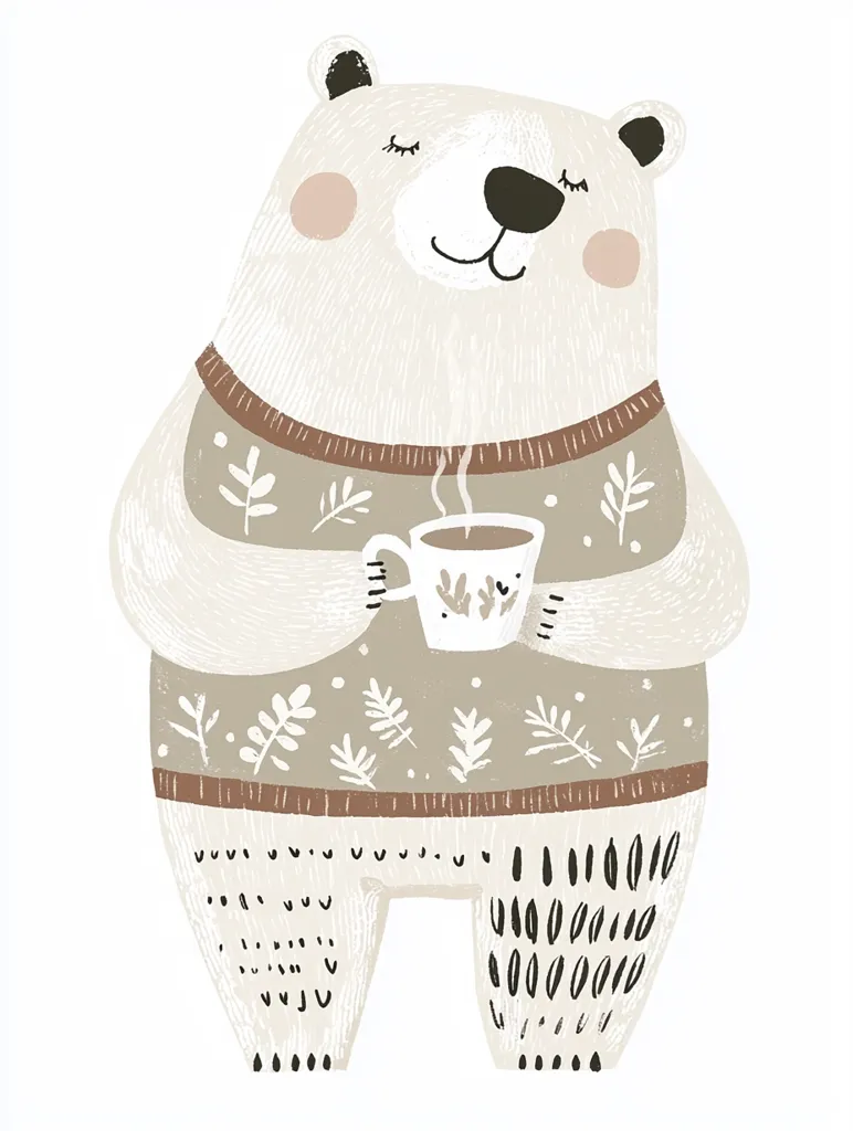 A charming illustration of a polar bear, contentedly sipping from a warm mug.  The bear is dressed in a cozy, taupe sweater adorned with leaf patterns and wears a peaceful expression.  The artwork uses a muted color palette and features a textured, hand-drawn style, evoking a sense of warmth and tranquility.  The overall style is cute and simplistic.