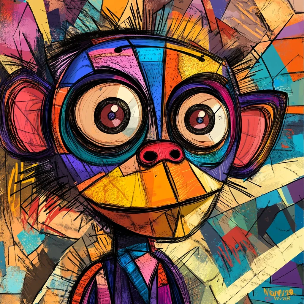 A vibrant, stylized portrait of a monkey dominates the canvas.  Its face is a patchwork of bold colors and geometric shapes, creating a Cubist-inspired effect. Large, expressive eyes contrast with a simplified nose and mouth.  The background is a chaotic blend of colors and lines, complementing the monkey's fragmented form. The overall style is energetic and playful, showcasing a unique blend of realism and abstraction.