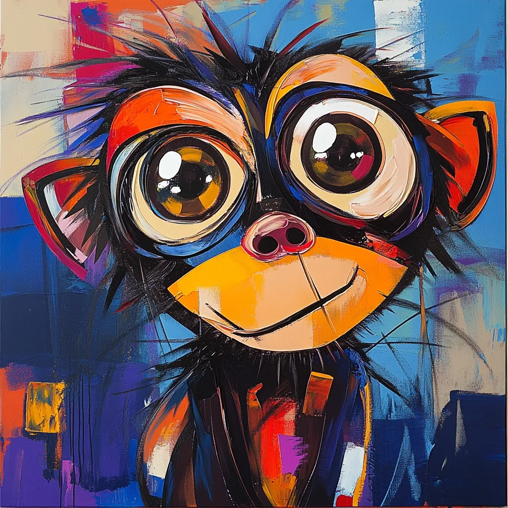 A vibrant, expressive painting depicts a monkey with oversized, captivating eyes.  The artwork utilizes bold strokes of bright oranges, blues, and yellows, creating a dynamic and playful composition.  The monkey's features are exaggerated, emphasizing its cheerful expression. The background is a rich tapestry of abstract colors that complements the monkey's vivid form. The overall style is bold and modern.