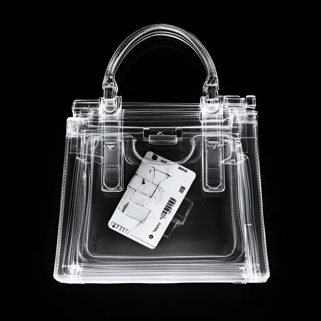 A transparent handbag, seemingly made of clear plastic or acrylic, is shown against a black background.  Inside, a partially obscured white tag or ticket is visible. The image has a wireframe or x-ray-like quality, emphasizing the bag's structure and the object within. The overall aesthetic is sleek and modern, with a slightly futuristic feel.