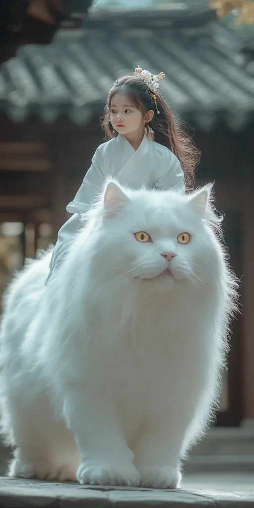 A young girl, dressed in a flowing white traditional Chinese-style robe and adorned with a floral hairpiece, sits atop a magnificent, fluffy white cat.  The cat is enormous, its thick fur creating a cloud-like effect. The scene is set outdoors, with a blurred background suggesting a tranquil, Asian-inspired setting. The image conveys a sense of serenity and whimsy.