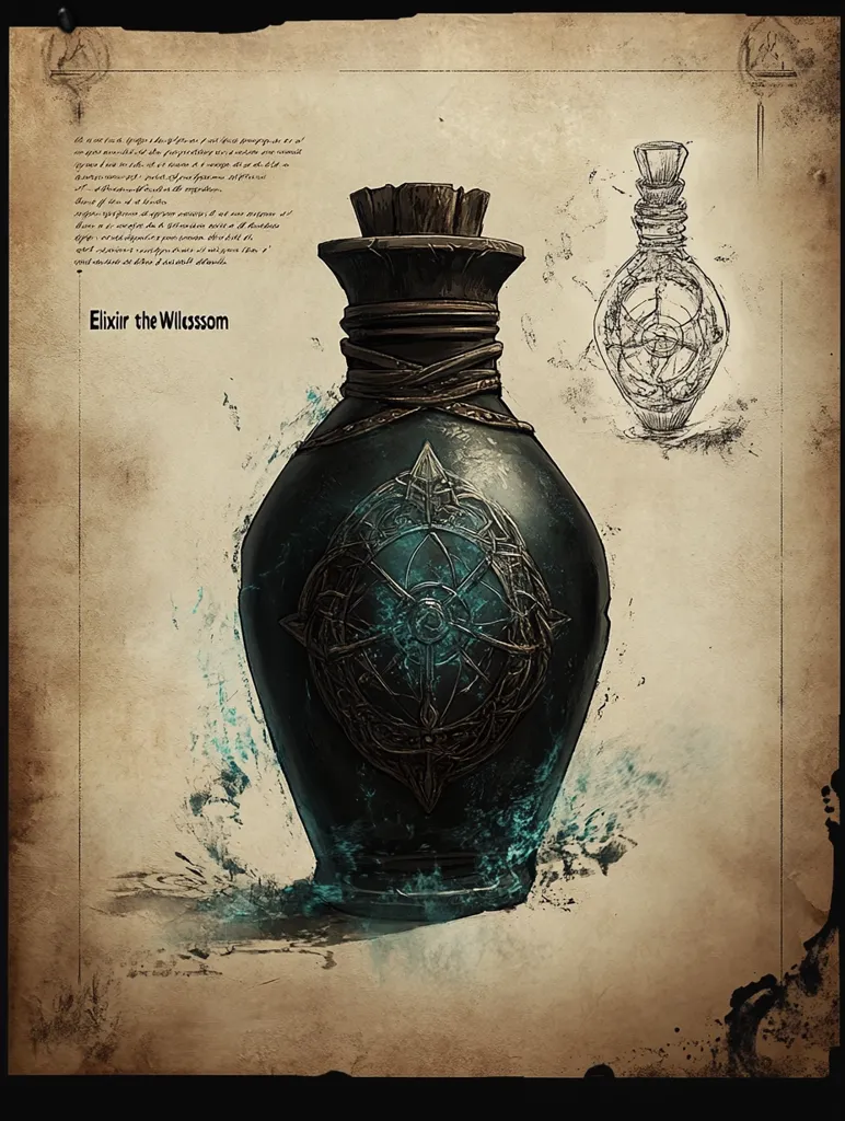An aged parchment displays a detailed illustration of "Elixir the Willssom."  The main focus is a large, dark, ornate bottle with a teal glow emanating from within, featuring intricate metallic designs. A smaller, sketched design of a similar bottle is included, suggesting a blueprint or previous iteration. The background is textured parchment with illegible script, lending an ancient, alchemic feel.