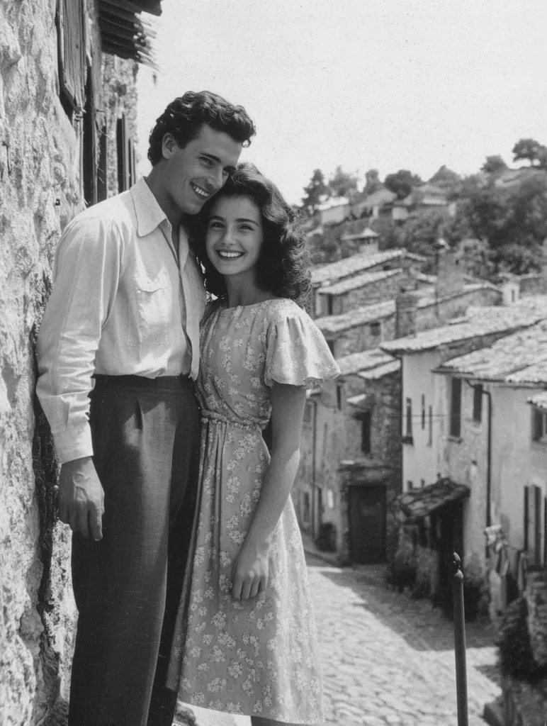 A black and white photograph captures a romantic moment between a young couple.  He, in a light-colored shirt and trousers, stands protectively beside her.  She wears a floral dress, her arm resting on his. They are posed against a weathered stone wall, with a charming, quaint village street forming a picturesque backdrop. The image evokes a sense of nostalgia and timeless romance.