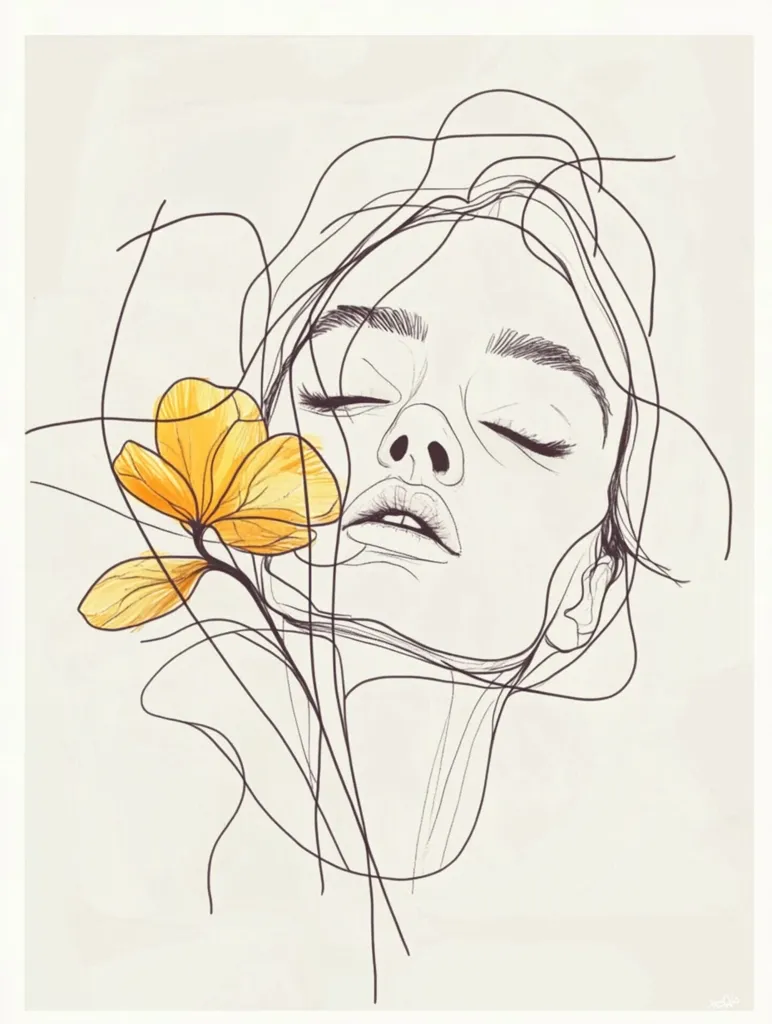 A minimalist line drawing depicts a woman's face with eyes closed, her hair flowing around her.  A single yellow flower rests near her face, adding a soft color contrast to the otherwise black and white illustration. The style is elegant and serene, suggesting peace or tranquility.  The lines are delicate, creating a sense of fluidity and grace.