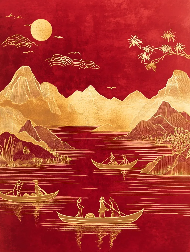 A vibrant red landscape features gold-leaf mountains, a full moon, and stylized clouds.  Small golden boats, carrying figures, traverse a calm lake.  The scene evokes a serene, almost mystical atmosphere, reminiscent of traditional East Asian art.  Delicate lines and a rich color palette create a visually striking image.