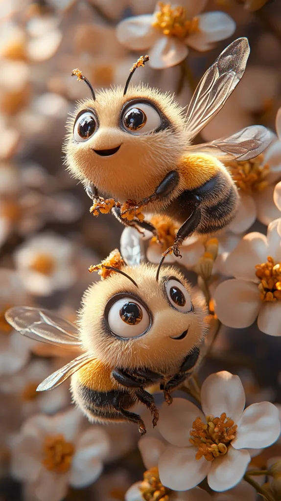 Two adorable, cartoonish bumblebees with large, expressive eyes and fuzzy bodies are perched on delicate white flowers.  They appear friendly and cheerful, their smiles adding to their endearing charm. The image is a digitally rendered artwork, showcasing intricate detail in both the bees and the blossoms. The warm lighting enhances the overall cute and sweet aesthetic.