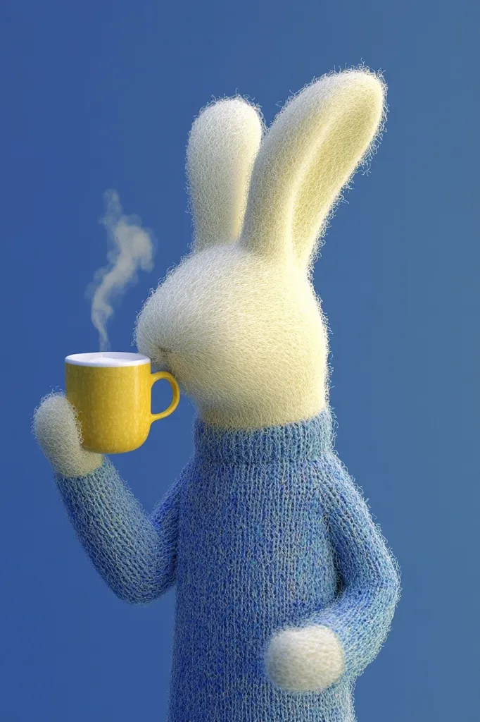 A fluffy white rabbit, wearing a light blue knitted sweater, holds a small yellow mug of steaming hot beverage.  The rabbit's expression is serene as it enjoys its warm drink against a solid blue background. The overall style is whimsical and cute, evoking a feeling of cozy comfort.