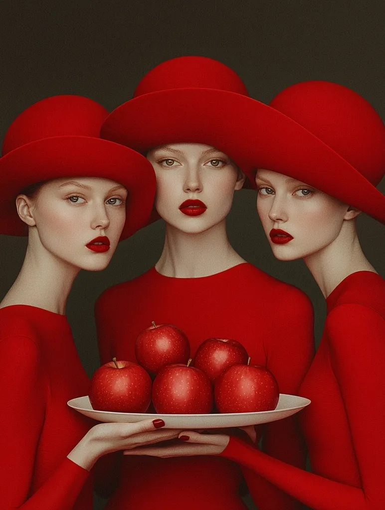 Three women in identical red dresses and matching red hats hold a white plate of red apples.  Their pale skin and bright red lipstick contrast sharply against the deep red tones. The image is stylized, with a focus on color and symmetry, creating a visually striking and monochromatic effect.  The overall mood is sophisticated and slightly surreal.