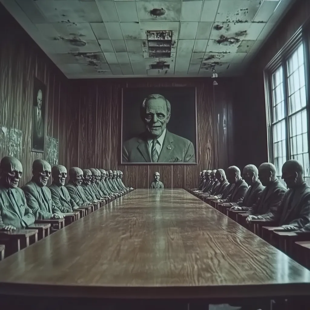A long, dark wooden table dominates a decaying room, flanked by rows of identical, bald, grey-skinned figures seated like a board of directors.  A large portrait of a stern-faced man hangs on the wall behind the table, adding to the unsettling atmosphere. The room's dilapidated ceiling and aged wood paneling enhance the eerie, dystopian feel. A smaller figure sits alone at the head of the table, further emphasizing the unsettling scene.