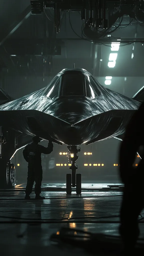 A sleek, dark fighter jet dominates the frame, its undercarriage resting on the hangar floor.  A lone figure in a dark jumpsuit stands before it, seemingly inspecting the aircraft.  The hangar is dimly lit, with soft, warm lights reflecting on the polished floor.  The overall atmosphere is one of mystery and technological prowess. The scene evokes a sense of quiet intensity and the power of modern military technology.