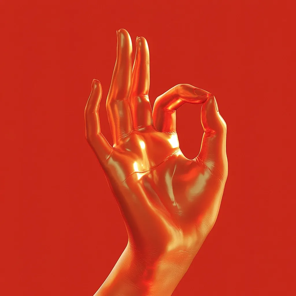 A golden hand, rendered in a highly polished finish, is presented against a vibrant red backdrop. The hand is elegantly shaped, forming the "OK" hand gesture with thumb and forefinger creating a circle.  The image's contrast between the metallic gold and the intense red creates a striking visual effect.  The lighting enhances the reflective quality of the gold, emphasizing its smooth surface.