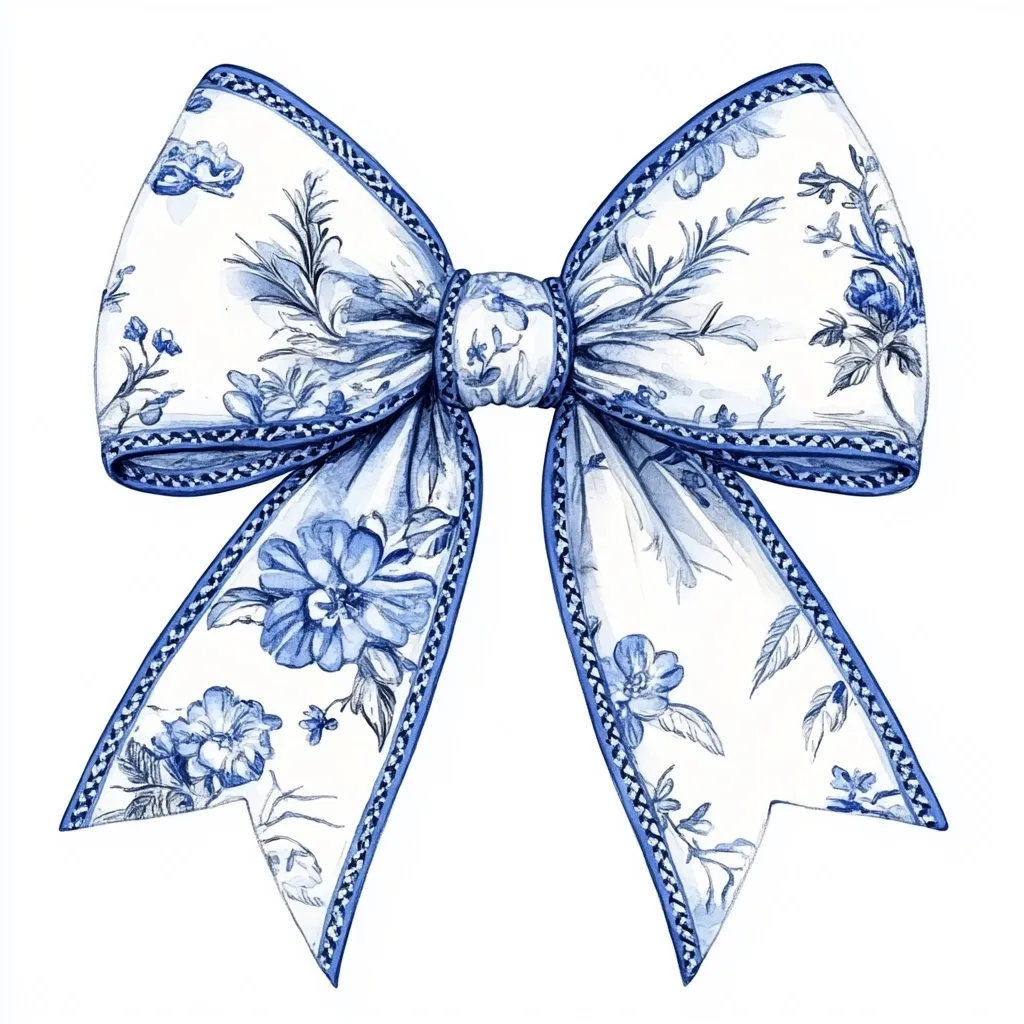 A watercolor illustration of a decorative bow. The bow is white with a blue floral pattern and a blue border. The flowers are a delicate blue, and the leaves are a darker shade of blue. The bow is tied in a classic style, with the tails flowing downwards.  The overall style is reminiscent of toile de Jouy fabric.
