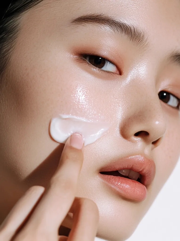 Close-up of a young woman applying a white cream to her cheek.  Her skin is smooth and glowing, with subtle makeup enhancing her features.  The focus is on the application process, highlighting the creamy texture and the woman's delicate touch. The image conveys a sense of skincare routine and beauty.