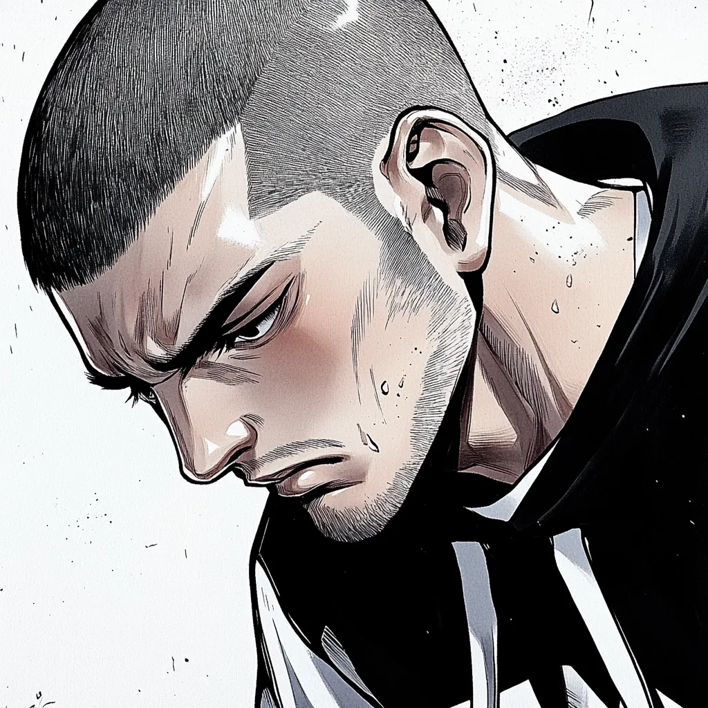 A close-up illustration depicts a man with short, dark hair and a serious expression.  His face is partially shadowed, emphasizing his strong jawline and furrowed brow. Sweat droplets are visible on his neck. He's dressed in dark clothing, a hooded jacket suggesting a casual or possibly athletic style. The overall style is reminiscent of manga or graphic novel artwork, with detailed shading and linework.  The background is a simple, light grey, drawing focus to the figure.