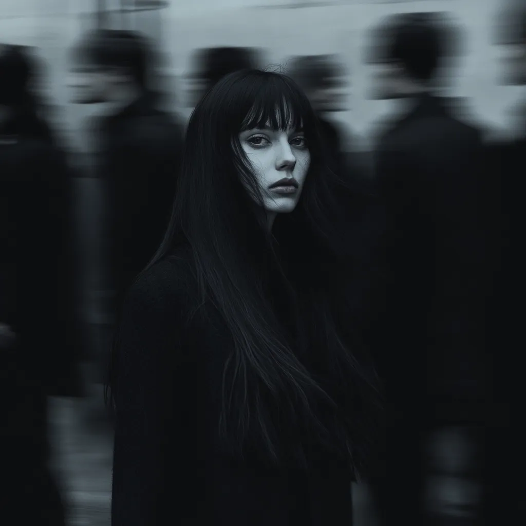 A young woman with long, dark hair stands out against a backdrop of blurred, moving figures.  She is dressed in dark clothing, her expression serious and slightly melancholic. The monochrome palette and motion blur create a dramatic and mysterious atmosphere, emphasizing her solitary presence amidst the crowd.  The image evokes a sense of isolation and introspection.