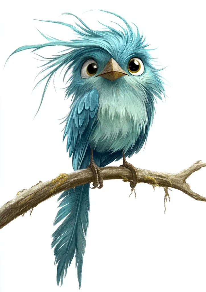 A whimsical illustration depicts a teal-colored bird perched on a branch.  Its plumage is fluffy and its large, expressive eyes are captivating. The bird's feathers are tousled, giving it a playful, slightly disheveled appearance.  The long tail feathers trail elegantly below the branch, contrasting with the messy head feathers. The overall style is cartoonish yet detailed, with soft shading and textures.