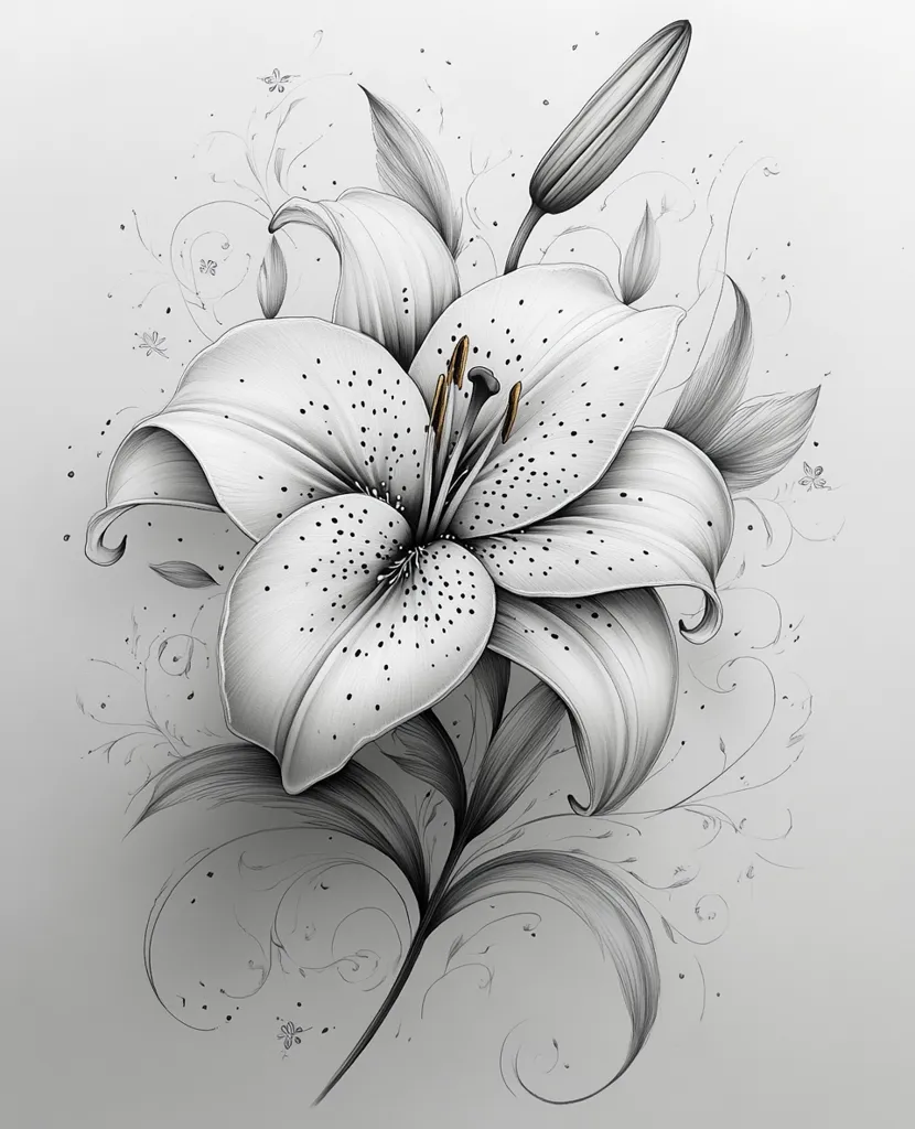 A meticulously detailed pencil sketch showcases a single, prominent white lily.  Its petals are delicately shaded, revealing subtle speckles and textures.  The lily is artfully arranged amongst intricately drawn foliage and swirling flourishes, creating a sense of elegance and grace.  The overall effect is a monochromatic masterpiece that highlights the beauty of the flower.