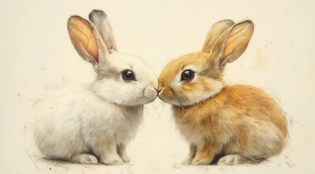 A detailed pencil drawing depicts two young rabbits facing each other, noses touching. One rabbit is white, the other a light orange-brown.  Their large eyes and soft fur are meticulously rendered, creating a sense of tenderness and intimacy. The background is a muted beige, subtly textured to enhance the realism of the piece.