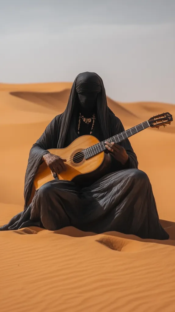 A person, completely shrouded in a dark, flowing robe, sits in a desert landscape.  Their face is concealed, only their hands visible as they gently play a classical guitar. The warm orange sand dunes create a stark contrast to the dark clothing, emphasizing the solitude and mystery of the scene.  The image evokes a sense of quiet contemplation and the vastness of the desert.