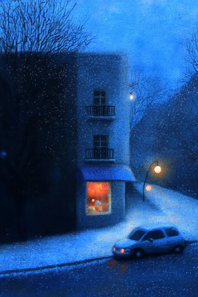 A nighttime scene depicts a snow-dusted street corner.  A small, light-grey car is parked near a three-story building with a warm, inviting shop window.  Bare, dark trees line the street under a deep blue, twilight sky.  Streetlights cast a soft glow on the falling snow, creating a quiet, peaceful atmosphere. The overall tone is serene and melancholic.