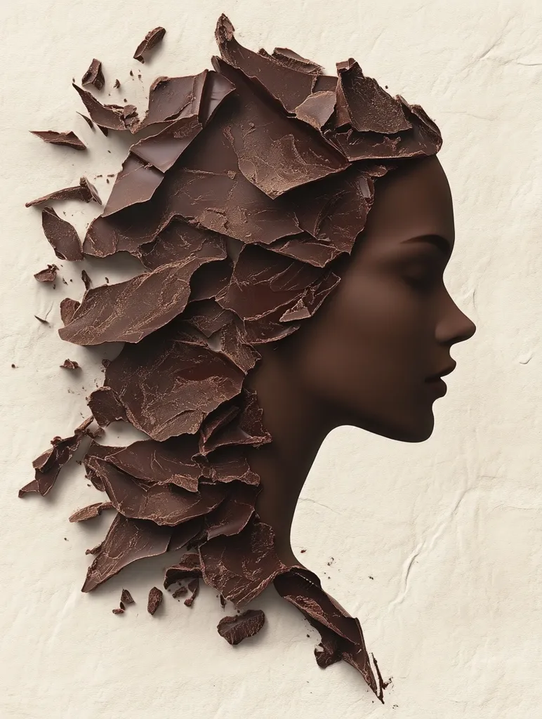 A profile of a woman's face is formed from dark chocolate shards. The chocolate pieces are arranged to create the shape of her hair, face, and neck.  The image is set against a light beige background, creating a striking contrast between the dark chocolate and the neutral backdrop. The overall effect is artistic and visually captivating, suggesting themes of beauty, indulgence, and perhaps even transformation.