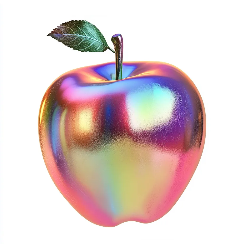 A vibrant, iridescent apple dominates the image, its surface shimmering with a spectrum of pastel colors.  The apple's skin displays a holographic effect, shifting hues from pink and orange to yellow and blue.  A single green leaf is attached to the stem, contrasting with the apple's fantastical finish. The overall impression is one of surreal beauty and artificial sheen.