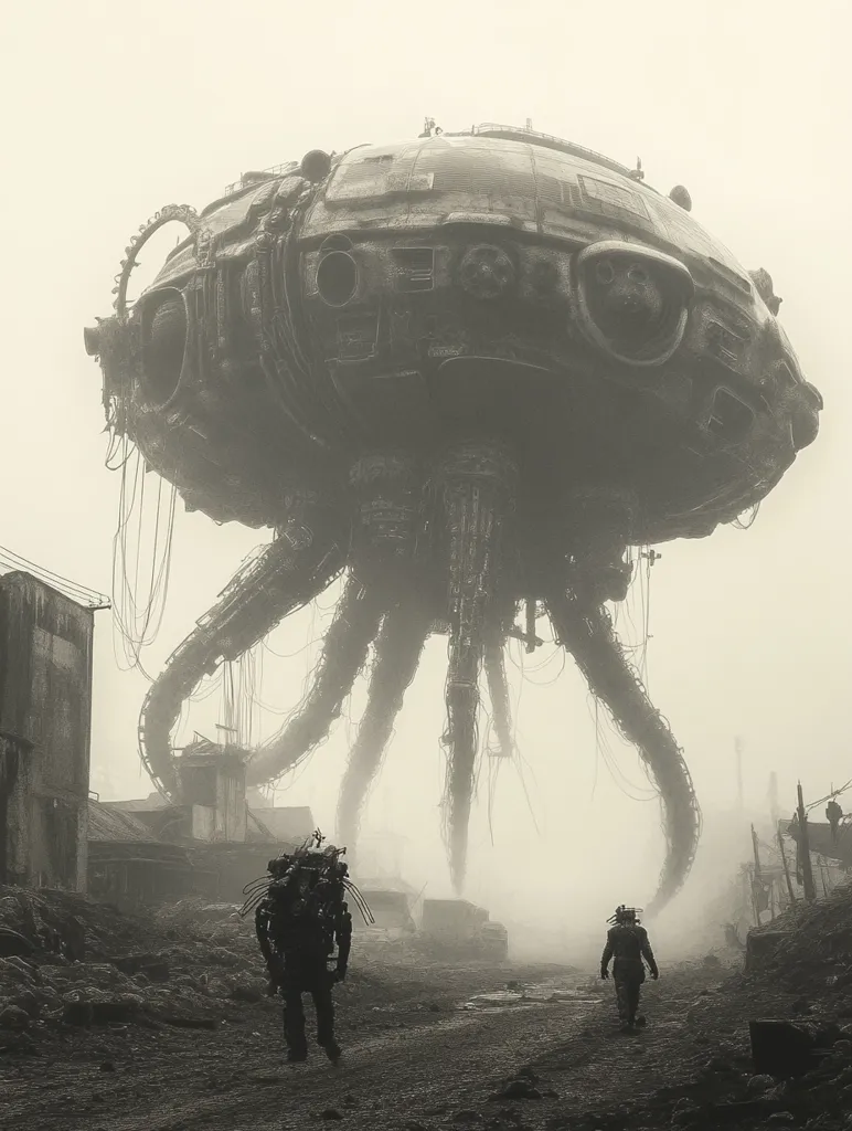 A colossal, decaying alien machine looms over a desolate, fog-shrouded landscape. Its spindly legs sprawl across the ruined city, casting a long shadow. Two lone figures, clad in protective gear, walk towards the behemoth, dwarfed by its immense size. The scene is monochromatic, evoking a sense of post-apocalyptic dread and mystery. The atmosphere is heavy with a palpable sense of foreboding.