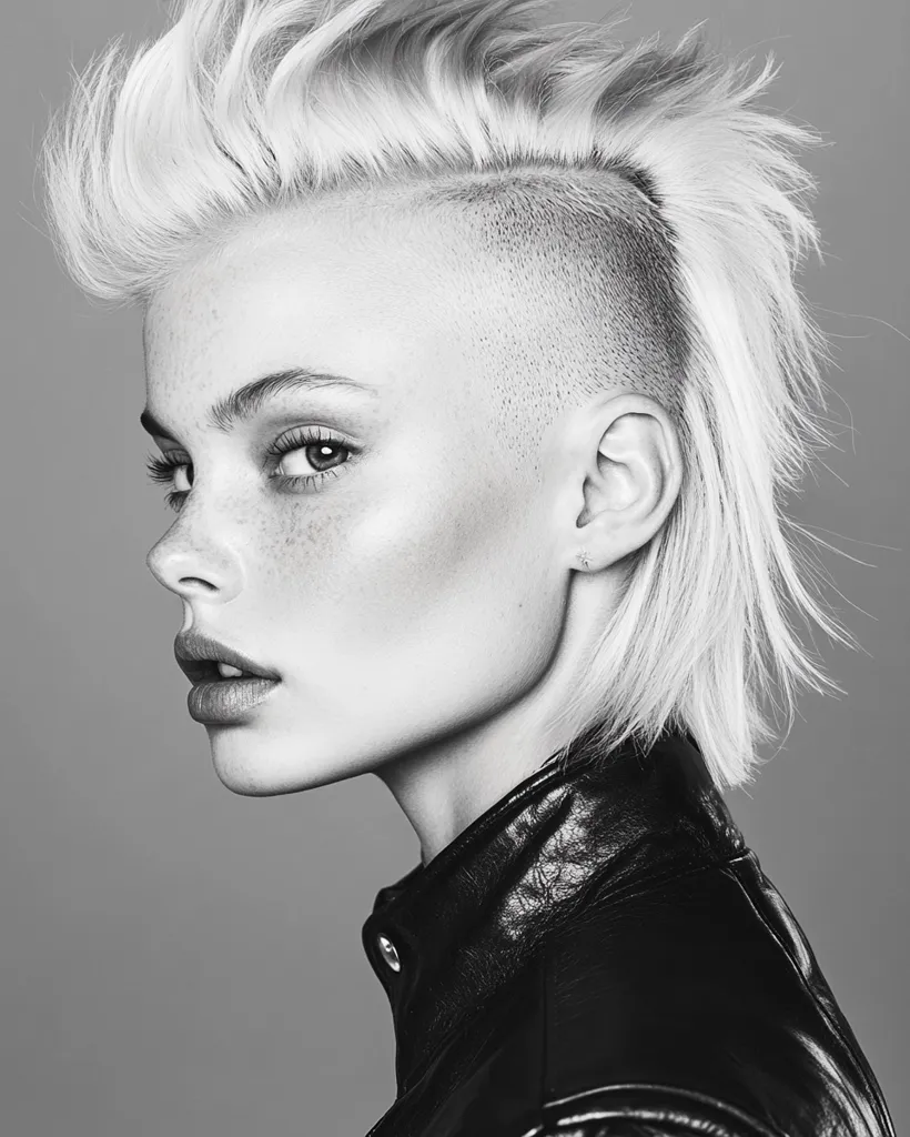 A black and white close-up profile shot of a young woman with platinum blonde hair styled into a mohawk, shaved on one side.  She has a pale complexion with freckles and wears a black leather jacket. Her expression is serious and her gaze is directed away from the camera. The image has a strong, edgy aesthetic.