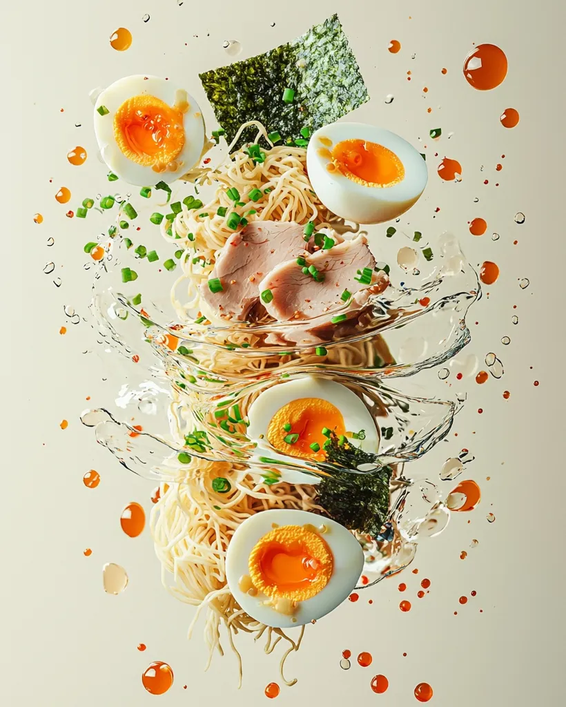 A dynamic image showcasing a ramen dish in mid-air.  Noodles, sliced pork, halved soft-boiled eggs, seaweed, and chopped scallions are suspended in a splash of water, with droplets of oil scattered around. The vibrant colors and motion create a sense of energy and deliciousness, highlighting the fresh ingredients.  The composition is artistic and visually appealing.