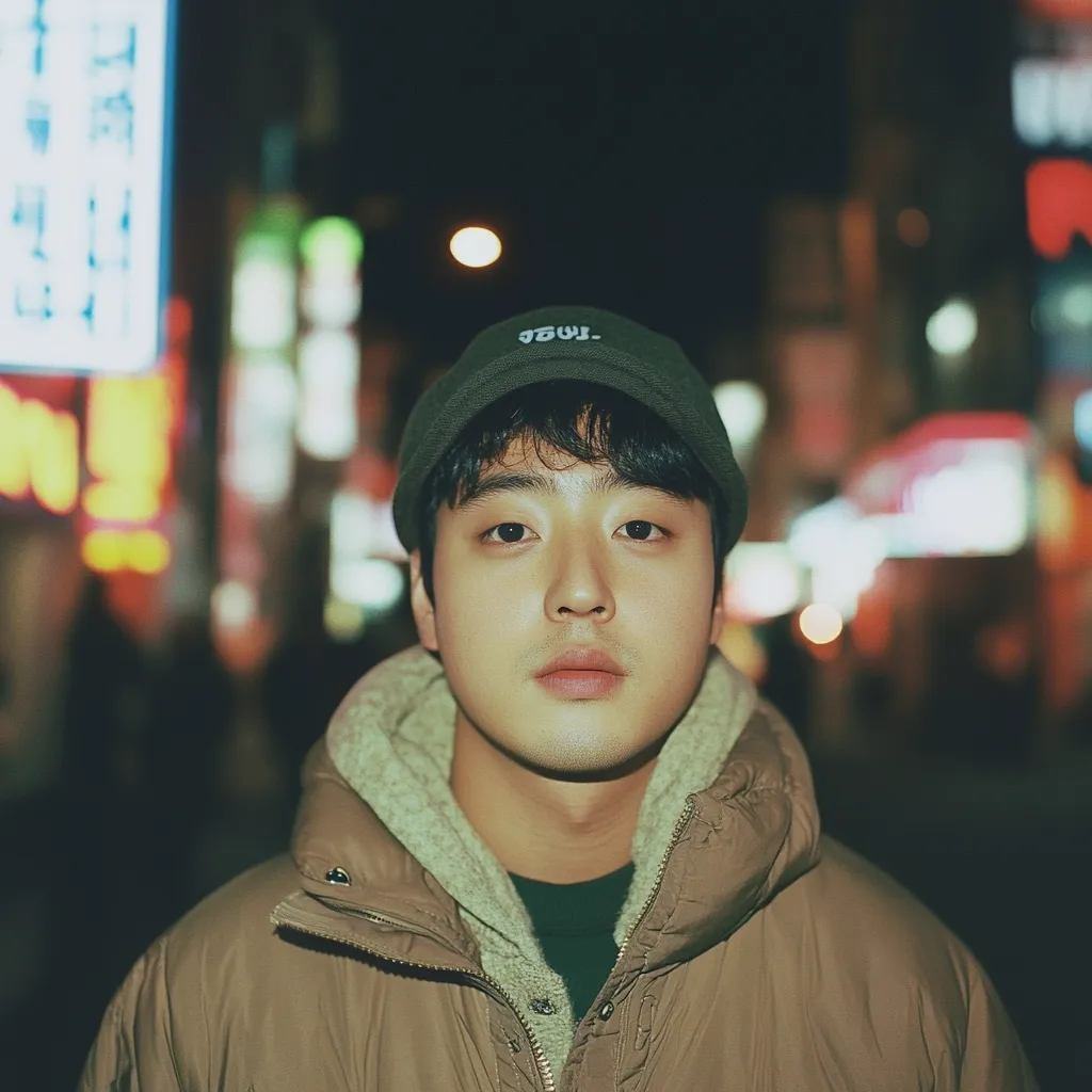 A young man with dark hair and a dark green cap stands against a blurred backdrop of brightly lit city streets at night.  He's wearing a tan puffer jacket with a light beige fleece lining. His expression is serious and direct, gazing intently at the camera. The overall mood is atmospheric and slightly melancholic.