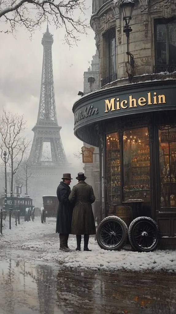 A snowy Parisian street scene features two men in top hats conversing outside a Michelin tire shop.  The Eiffel Tower stands in the background, partially obscured by snow-laden trees.  Horse-drawn carriages are visible in the distance, adding to the vintage ambiance. The overall mood is one of quiet elegance and historical charm.