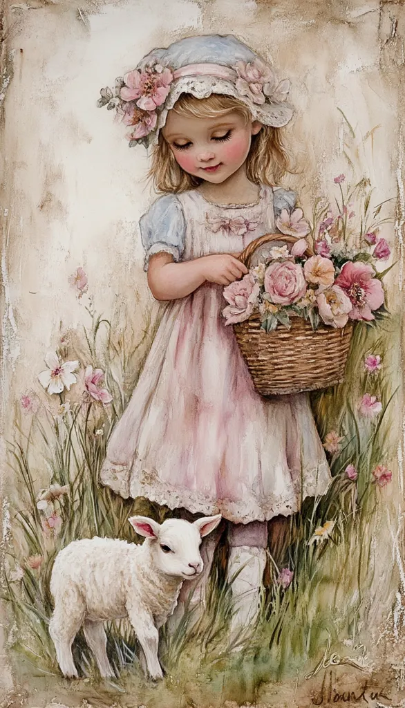 A charming painting depicts a young girl in a pink dress and bonnet, holding a basket of pink roses.  She stands in a field of wildflowers, a small white lamb at her feet. The soft, pastel colors and delicate details create a serene and idyllic scene, reminiscent of children's book illustrations. The style is reminiscent of classical watercolor painting, emphasizing gentle light and textures.