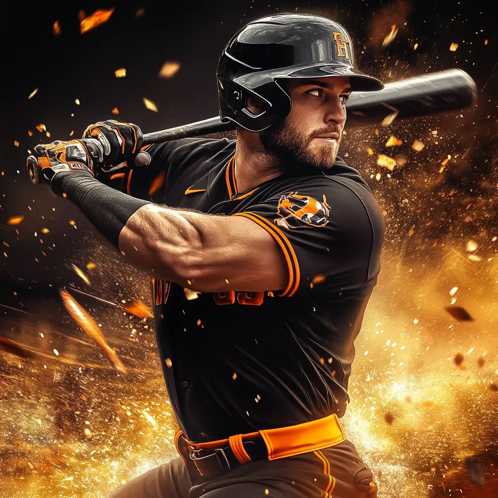 A powerful baseball player, clad in a black and orange uniform, grips his bat with intense focus.  Sparks and fiery embers erupt around him, creating a dramatic, dynamic image.  His determined expression and muscular physique convey strength and readiness. The player's helmet bears a team logo, suggesting a moment of high-stakes action within a game.