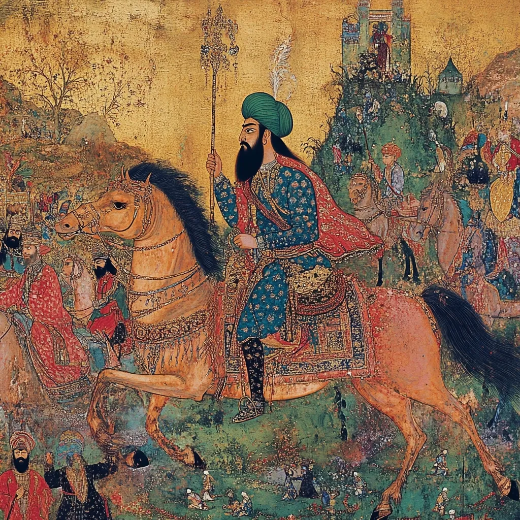 A regal figure, adorned in a turquoise robe and a vibrant green turban, sits astride a light brown horse. He holds a staff, his dark beard prominent against the gold-toned background.  The scene is rich with detail, showing a procession of figures on horseback and foot, against a backdrop of a landscape featuring trees and a distant castle. The artwork is detailed and evocative of a historical narrative.