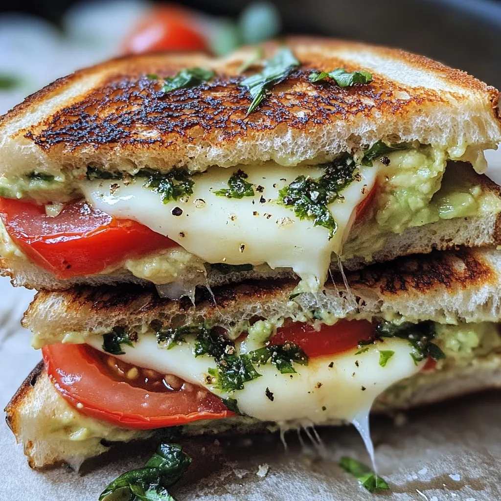 A grilled cheese sandwich overflowing with melted mozzarella, sliced tomatoes, and avocado.  A vibrant green pesto is spread throughout, adding flavor and color. The toasted bread is golden brown and crispy, and the cheese is stringy and gooey. Fresh basil leaves garnish the sandwich, adding a final touch of freshness.  It's a visually appealing and delicious-looking meal.