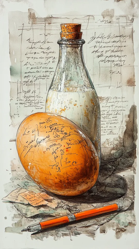 A still life watercolor painting depicts a corked glass bottle filled with a cloudy liquid, next to a large, round orange object covered in handwritten notes and equations.  A pen rests on crumpled paper scattered with more writing, creating a sense of scientific or alchemic experimentation. The background features faded, aged paper with indecipherable script. The overall aesthetic is one of antique study or laboratory.