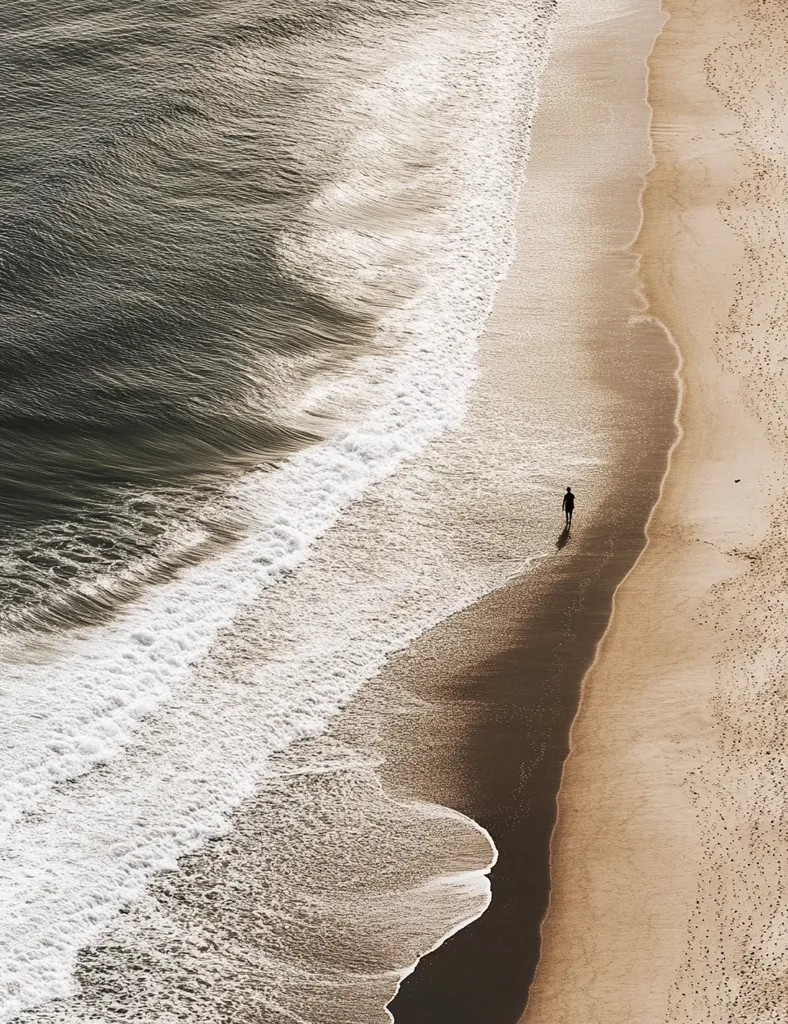 An aerial shot captures a solitary figure strolling along a pristine sandy beach, the gentle waves of the ocean washing ashore beside them.  The contrast between the dark ocean water, the white-capped waves, and the light brown sand creates a visually striking image.  The scene is peaceful and serene, showcasing the beauty of a natural coastal landscape.