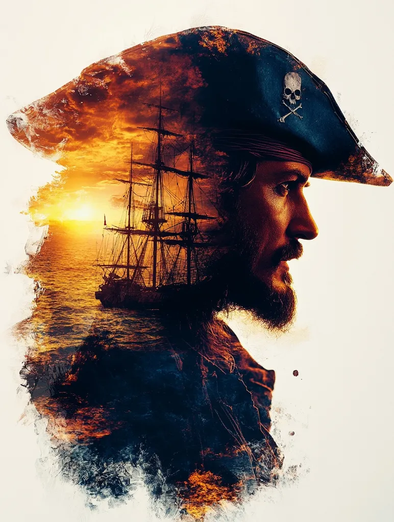 A striking double exposure image portrays a pirate in profile, his weathered face partially obscured by a three-masted sailing ship silhouetted against a fiery sunset. The pirate's tricorn hat, adorned with a skull and crossbones, adds to the dramatic effect. The blend of the pirate, the ship, and the sunset creates a powerful visual metaphor for the adventurous spirit and perils of the sea.  The painterly brushstrokes add texture and depth to the composition.