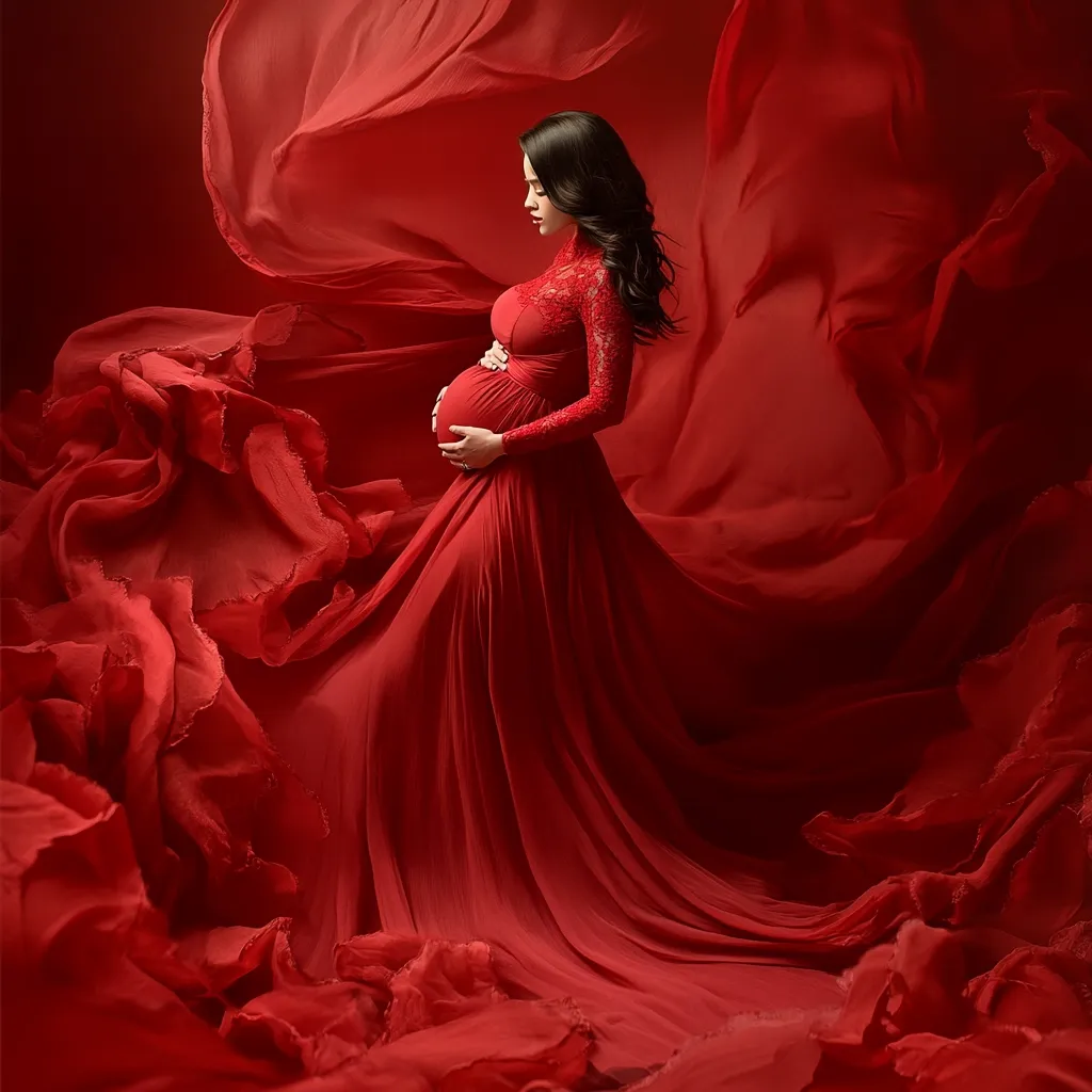 A pregnant woman in a flowing red gown stands against a backdrop of dramatic red fabric.  The dress, long and elegant with long sleeves, accentuates her pregnant belly. Her dark hair cascades down her back as she gently cradles her bump. The image is evocative and romantic, focusing on the beauty of motherhood.