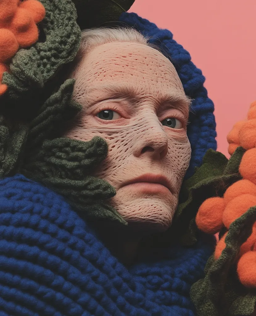 Close-up of a person's face adorned with textured, crocheted elements resembling flowers and foliage. The face is pale with a unique, patterned texture.  The person wears a deep blue, chunky knit cowl.  The overall aesthetic is artistic and surreal, blending human features with crafted textures against a muted pink background.